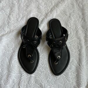 Dior Vintage Black Leather Thong Sandals with Eyelet Detail